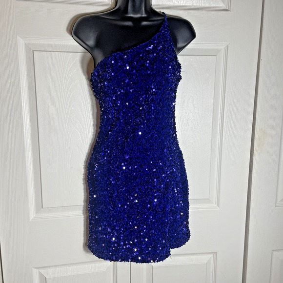 Midnight Doll Dresses & Skirts - Midnight Doll Sequin Dress Women M Blue One Shoulder Bodycon Holiday Club Party